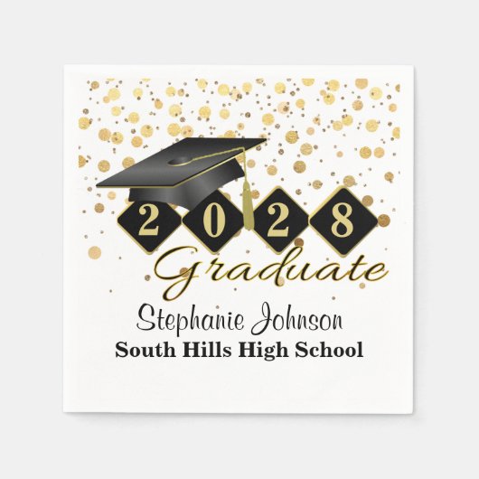 卒業パーソナライズされたパーティブラック&金ゴールド スタンダードカクテルナプキン (正面)