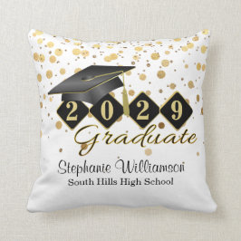 卒業パーソナライズされたブラックおよび金ゴールド紙吹雪 クッション