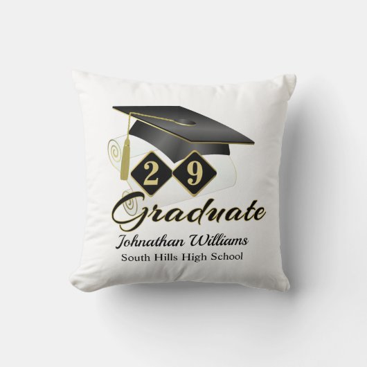 卒業パーソナライズされたブラック&金ゴールド クッション (正面)
