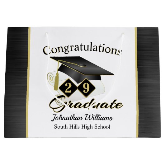 卒業パーソナライズされたブラック&金ゴールド ラージペーパーバッグ (正面)