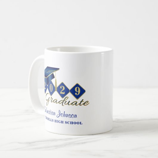 卒業パーソナライズされたブルー&金ゴールド20XX コーヒーマグカップ (正面左)