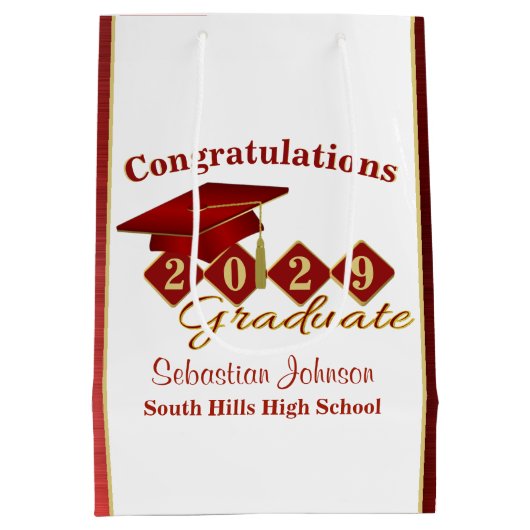 卒業パーソナライズされたレッドと金ゴールド ミディアムペーパーバッグ (裏面)
