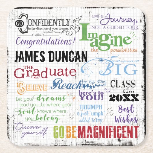 卒業パーソナライズされたワードアート スクエアペーパーコースター (正面)