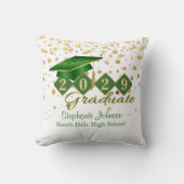 卒業パーソナライズされた紙吹雪グリーンと金ゴールド クッション (正面)