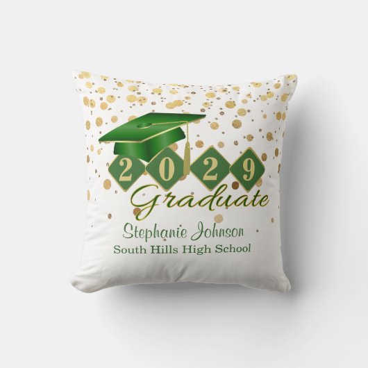卒業パーソナライズされた紙吹雪グリーンと金ゴールド クッション (正面)