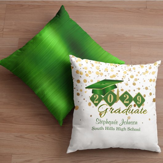 卒業パーソナライズされた紙吹雪グリーンと金ゴールド クッション