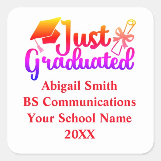 卒業パーソナライズされた赤、オレンジ紫 スクエアシール (正面)