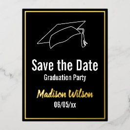 卒業パーティの日付の保存白黒金ゴールド 箔招待状ポストカード