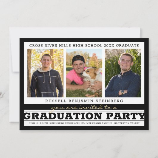 卒業パーティはっきりしたーストライプ4白黒 招待状 (正面)