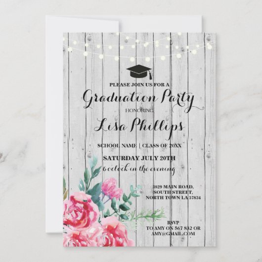 卒業パーティウォーターカラーフローラウッド招待状 招待状 (正面)