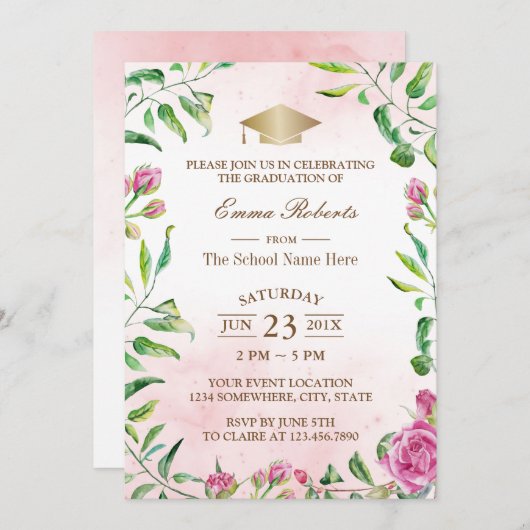 卒業パーティエレガントの水彩フローラ 招待状 (正面/裏面)