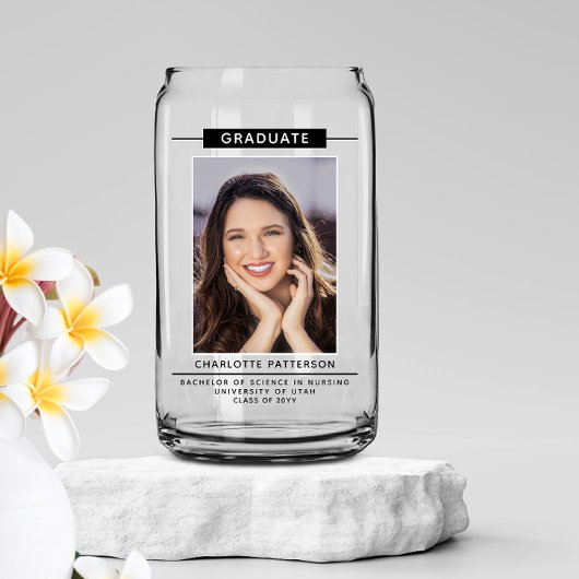 卒業パーティシンプルーモダンのスクリプトフォトブラック ガラス缶