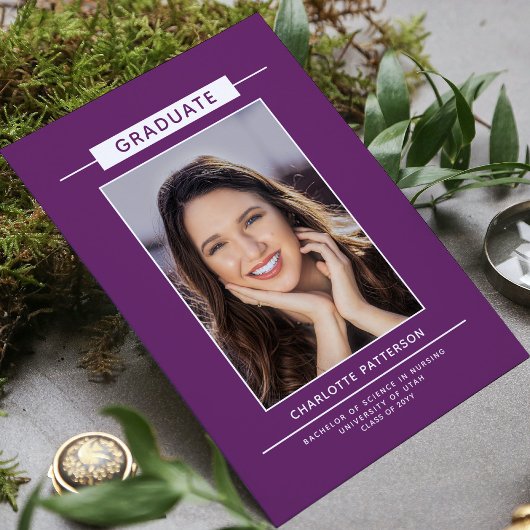 卒業パーティシンプルーモダンスクリプトPhoto Purple 招待状