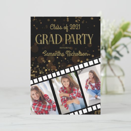 卒業パーティフィルムストリップブラック金ゴールド3枚 招待状 (スタンド正面)