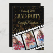 卒業パーティフィルムストリップブラック金ゴールド3枚 招待状 (正面/裏面)