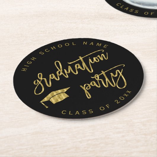 卒業パーティフェイク金ゴールドクラス ラウンドペーパーコースター (アングル)