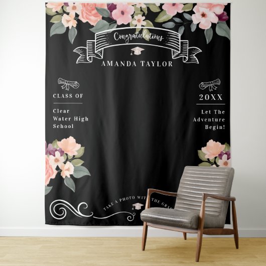 卒業パーティフォトブース水彩フローラ タペストリー (インサイチュ)