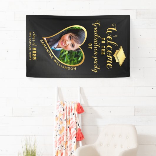 卒業パーティブラック金ゴールドカスタムフォトウェルカム 横断幕 (インサイチュ)