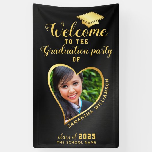 卒業パーティブラック金ゴールドカスタムフォトウェルカム 横断幕 (縦)