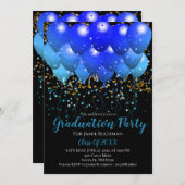 卒業パーティブルーバルーン金ゴールド紙吹雪ブラック 招待状 (正面/裏面)