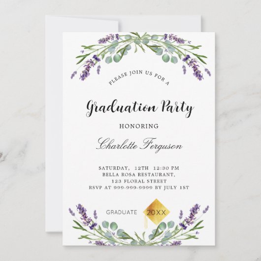 卒業パーティラベンダーユーカリ花模様 招待状 (正面)