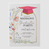 卒業パーティワイルドフラワーズピンクグラッドハット ベラム紙招待状 (正面)