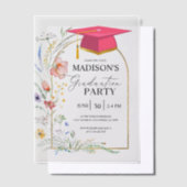 卒業パーティワイルドフラワーズピンクグラッドハット ベラム紙招待状 (オフセット)