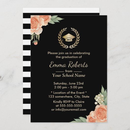 卒業パーティヴィンテージモダンブラック金ゴールド 招待状 (正面/裏面)