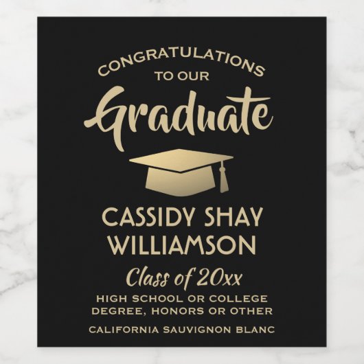 卒業パーティーおめでとうエレガントブラックと金ゴールド ワインラベル (シングルラベル)