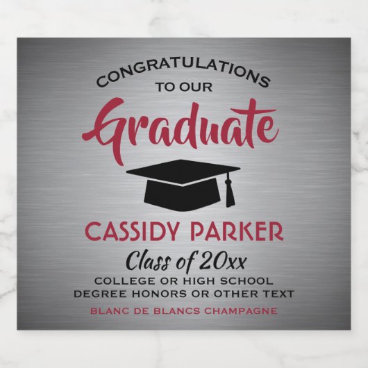 卒業パーティーおめでとうエレガントレッドグレー&ブラック スパークリングワインラベル (シングルラベル)