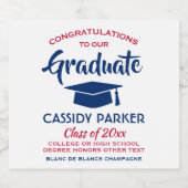 卒業パーティーおめでとうエレガントレッドホワイト&ブルー スパークリングワインラベル (シングルラベル)