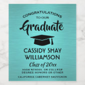 卒業パーティーおめでとうトレンディーブラシ付きティール（緑がかった色）ブルー ワインラベル (シングルラベル)