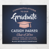 卒業パーティーおめでとうネイビーブルーピンクローズ金ゴールド スパークリングワインラベル (シングルラベル)