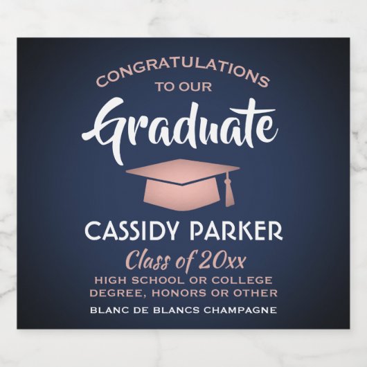 卒業パーティーおめでとうネイビーブルーピンクローズ金ゴールド スパークリングワインラベル (シングルラベル)