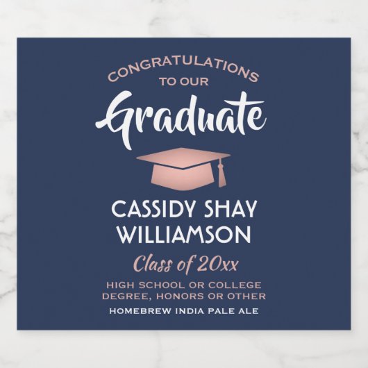 卒業パーティーおめでとうネイビーブルーピンクローズ金ゴールド ビールラベル (シングルラベル)