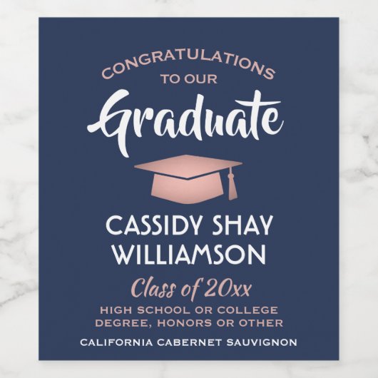 卒業パーティーおめでとうネイビーブルーピンクローズ金ゴールド ワインラベル (シングルラベル)