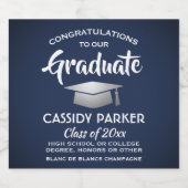 卒業パーティーおめでとうネイビーブルーホワイトシルバー スパークリングワインラベル (シングルラベル)