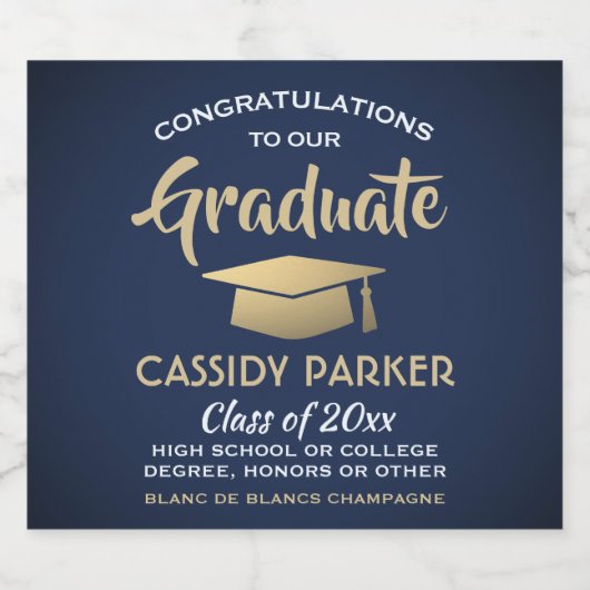 卒業パーティーおめでとうネイビーブルー金ゴールドとホワイト スパークリングワインラベル (シングルラベル)