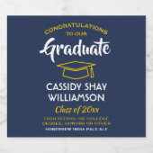 卒業パーティーおめでとうネイビーブルー金ゴールドイエロー ビールラベル (シングルラベル)