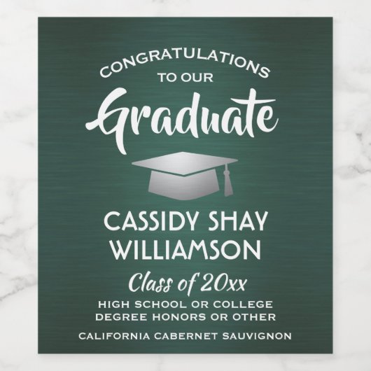 卒業パーティーおめでとうブラシ付きダークグリーンホワイト ワインラベル (シングルラベル)