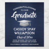 卒業パーティーおめでとうブラシ付きネイビーブルーホワイト ワインラベル (シングルラベル)