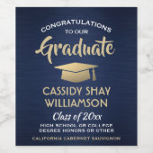 卒業パーティーおめでとうブラシ付きネイビー金ゴールドホワイト ワインラベル (シングルラベル)