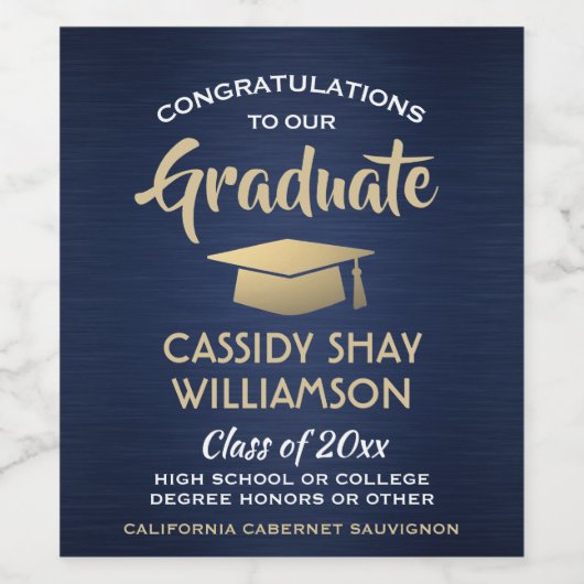 卒業パーティーおめでとうブラシ付きネイビー金ゴールドホワイト ワインラベル (シングルラベル)