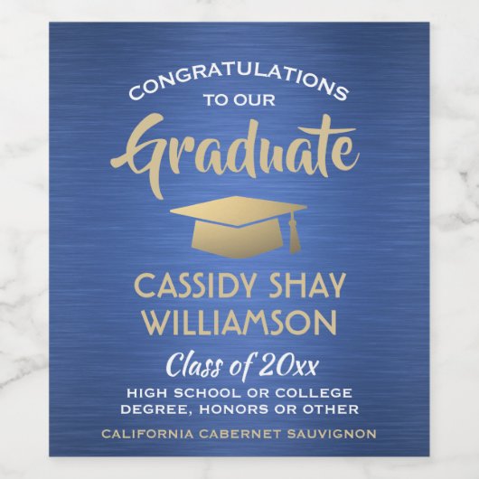 卒業パーティーおめでとうブラシ付き青金ゴールドホワイト ワインラベル (シングルラベル)