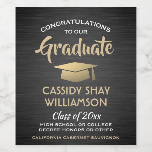 卒業パーティーおめでとうブラシ付き黒金ゴールドホワイト ワインラベル (シングルラベル)