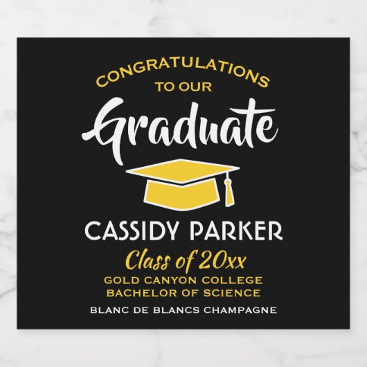 卒業パーティーおめでとうブラック金ゴールドイエロー スパークリングワインラベル (シングルラベル)