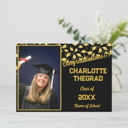 卒業パーティーおめでとうブラック金ゴールド写真 招待状 (スタンド正面)