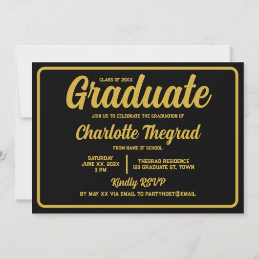 卒業パーティーおめでとうブラック金ゴールド写真 招待状 (裏面)