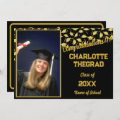 卒業パーティーおめでとうブラック金ゴールド写真 招待状 (正面/裏面)