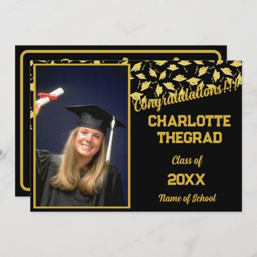 卒業パーティーおめでとうブラック金ゴールド写真 招待状 (正面/裏面)